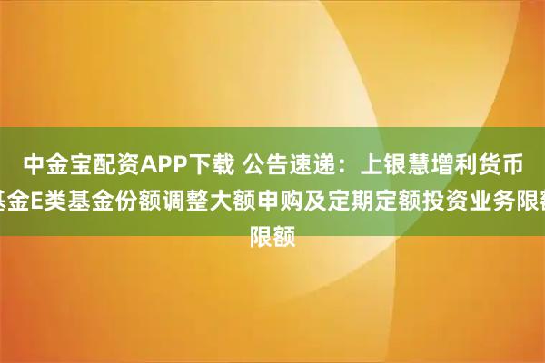 中金宝配资APP下载 公告速递：上银慧增利货币基金E类基金份额调整大额申购及定期定额投资业务限额
